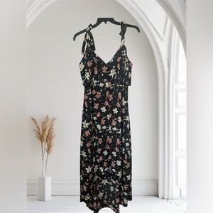 Women Off Shoulder Adjustable Straps Hi Low Midi Cocktail Dress Floral Black XL